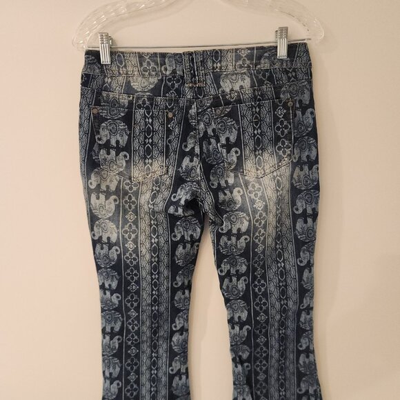 Hot Kiss Nina Flare Jeans Boho Hippie Mantra Disco Elephant Print Stretch Sz 7 - Picture 5 of 16